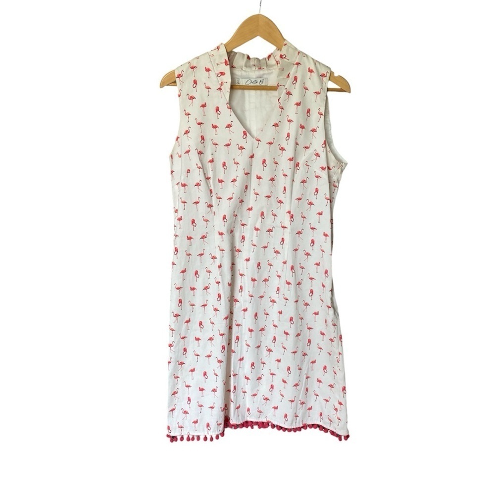 Chetta B Pink Flamingo Print Dress Sz 10 Pom Poms Sleeveless Beachy Cocktail